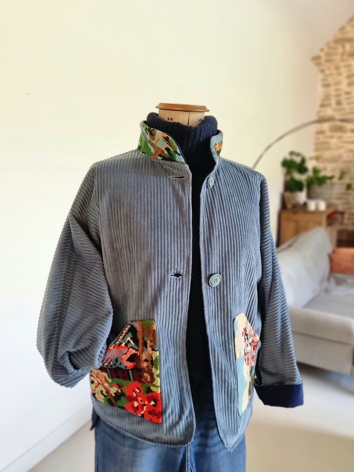 Veste velours bleu glacier
