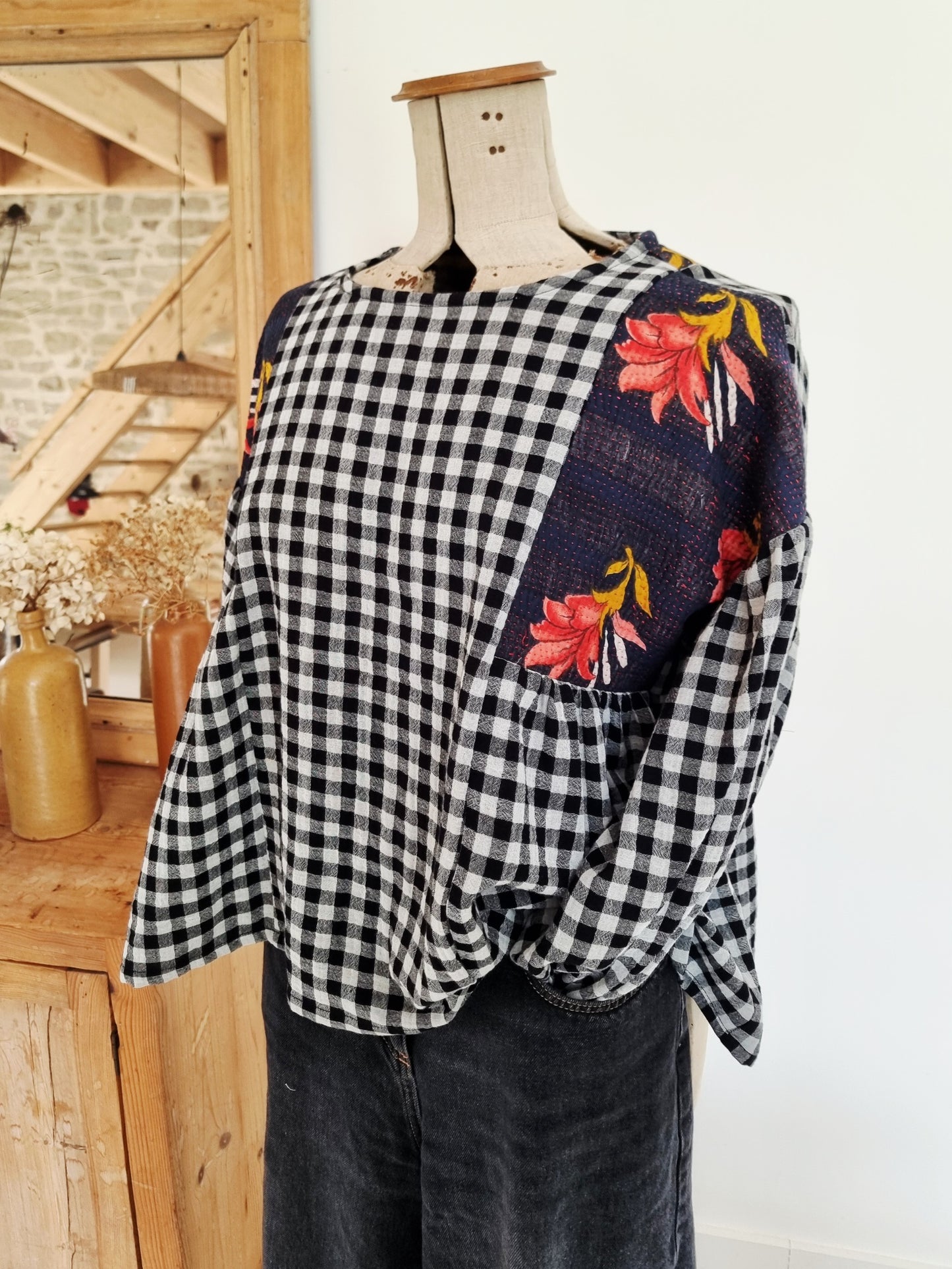 Tunique Erell kantha et vichy noir