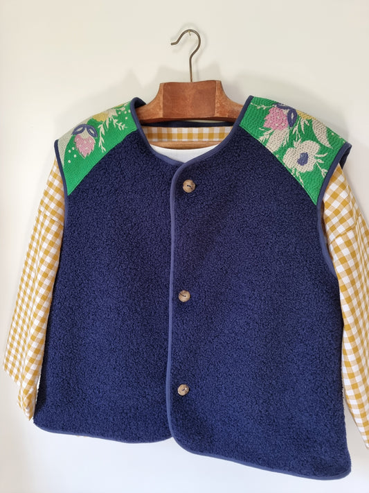 Gilet mouton et kantha marine