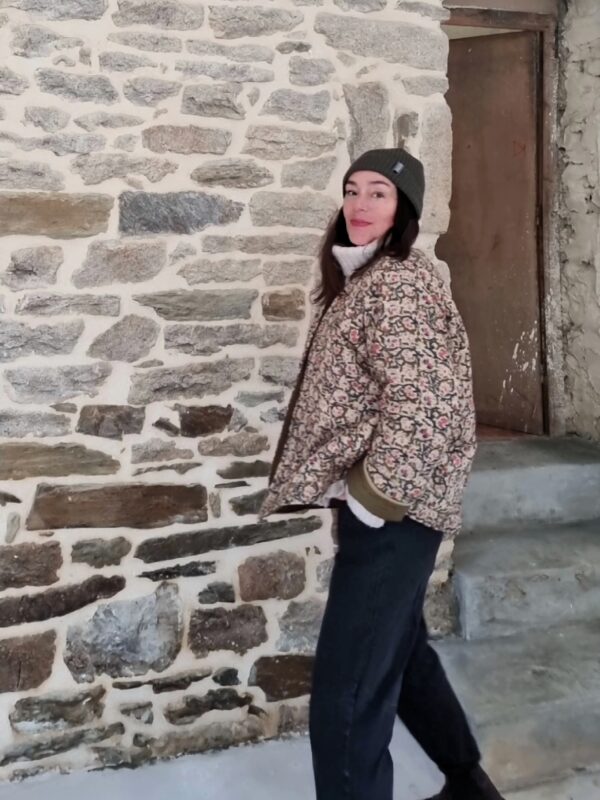 Veste matelassée femme kaki fleurie pièce unique faite en Bretagne