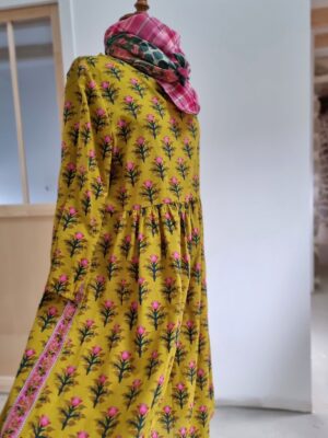 Robe longue bohème block print indien vert et rose